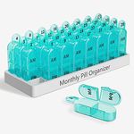 Monthly Pill Box Organiser 2 Times A Day Am Pm, Medicine Box with 32 Compartments to Hold Vitamin Pills, Tablet Box with Easy Open Design for Children Elder and Arthritic Hands - Cyan