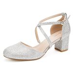 Greatonu Womens Court Shoes Mid Heel Chunky Dress Sandals Ladies Ankle Strap Wedding Party Pumps Sliver Glitter Size 6