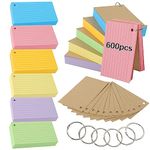 Flash Cards,600 PCS Multicolor Index Cards Revision Cards with 6 Binder Rings, 4.9 * 2.9 Inch Kraft Paper Flashcards Lined Record Cards Study Cards for Office Home School Learning