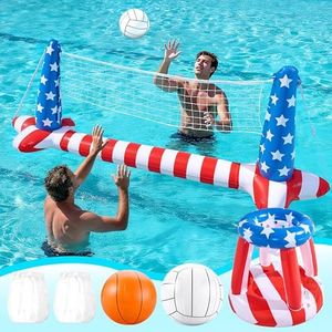 Inflatable Pool Floats Set American Flag Volleyball Net & Basketball Hoops, Swimming Pool Game Toy for Kids and Adults, Floating, Volleyball Court (105”x28”x35”)|Basketball (27”x23”x27”), Red White