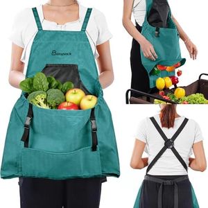 Gardening Apron with Deep Release Pockets, Garden Apron with Adjustable Back Straps, Canvas Aprons for Harvesting Picking Weeding (Green)