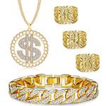 FIBO STEEL 80s 90s Costumes Jewelry for Men Big Chunky Necklace with Dollar Sign Curb Bracelet Kanji Rings Set Hip Hop Gold Plated Rapper Party Jewelry Set, Brass Metal, Rhinestone