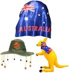 AUSTRALIA DAY FANCY DRESS SET LARGE WEARABLE SATIN AUSSIE FLAG CAPE + CORK HAT WITH KOALA PRINT EMBLEM + YELLOW INFLATABLE KANGAROO OZ COSTUME DUNDEE FOOTBALL