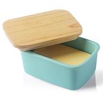 Sweejar Home Porcelain Butter Dish with Lid, Airtight Large Butter Keeper with Wooden Lid, Butter Container Perfect for 2 Sticks of Butter West or East Coast Butter (Turquoise)