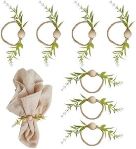Getfitsoo Handmade Farmhouse Napkin Rings Set of 8, Eucalyptus Napkin Rings with Wooden Bead Greenery Leaves Rustic Napkins Holder for Easter Banquet Celebration, Wedding Parties Dinner Table Decor