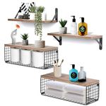 GIRYES Floating Shelves for Wall Decor, Wall Shelves with Wire Storage Basket, Bathroom Shelves Over Toilet, Studry Shelves Wall Decor for Bedroom, Kitchen, Living Room and Plants (4-in-1 Set)