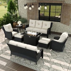 Aeeiua 8 Piece Patio Furniture Set with Fire Pit Table, All-Weather Wicker Outdoor Conversation Set with Swivel Rocking Chair and 6 Inch Thick Cushions