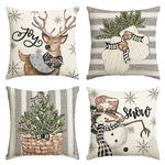 AVOIN colorlife Christmas Snowman Reindeer Gloves Eucalyptus Throw Pillow Covers, 20 x 20 Inch Winter Holiday Stripes Cushion Case Decoration for Sofa Couch Set of 4