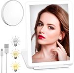 Vanity Mirror - Makeup Mirror with 72 Led Light, 3 Color Lighting, Touch Screen Adjustable Light Brightness, Travel Mirror Portable with USB Charging, with 10X Magnification, Adjustable Standing Angle