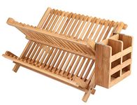 Lawei Bamboo Dish Drying Rack with Utensil Holder - Collapsible Dish Drainer Foldable Dish Rack Bamboo Plate Rack for Plates, Cups, Mugs, Utensil, Flatwares