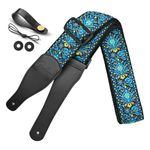 Guitar Strap, Jacquard Embroidered Cotton Straps with Leather Ends Shoulder Strap for Bass, Acoustic, Electric Guitar (Jacquard Teal Blue)