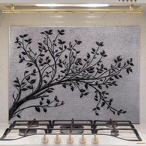 Handmade Copper Kitchen Backsplash Tiles, Tree Branches with Leaves Kitchen Splashback, Decorative Copper Backsplash Panel, Custom Copper Stove Backsplash, Indoor Outdoor Wall Decor (Gray&Black)