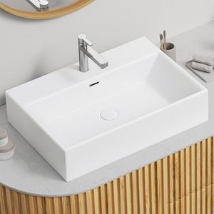 24" x 16" Bathroom Sink Vessel Rectangle, Eridanus Hang Wall Mount Sinks Countertop Vanity Floating Trough Washbasin, Ceramic Porcelain Modern White Art Basin Bowl with Overflow