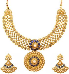 Touchstone Indian Bollywood Traditional Craftsmanship Mughal Designer Jewelry Wedding Necklace Set in Antique Gold Or White Tone for Women., Rhinestone, No Gemstone