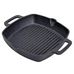 Bruntmor 10 Inch Square Cast Iron Grill Pan Steak Pan Pre Seasoned Grill Pan with Easy Grease Drain Spout, with Large Loop Handles for Grilling Bacon, Steak, and Meats