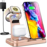 RJR 3 in 1 Wireless Charging Station for Apple Devices, Charging Dock for iWatch 9 8 7 6 SE 5 4 3 2 1, Built-in Charger Stand for iPhone Series AirPods Gifts (with 15W Adapter) Rose Gold