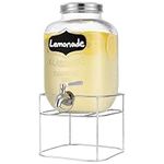 Navaris Drink Dispenser with Silver Metal Stand - 5L (1.3 Gallon) Glass Drink Container with Tap - Beverage Dispenser with Gummy Seal and Stand