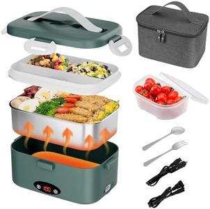 Electric Lunch Box with 3 Temperature Levels, 100W Fast Heating heated lunch box, 12V/24V/110V 1.8L Portable Food Warmer for Office, Car, and Truck, Includes Upgraded Bag & Extra Compartments