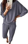 PRETTYGARDEN Women's Fall Fashion Outfits 2 Piece Sweatsuit Solid Color Long Sleeve Pullover Long Pants Lounge Set (Grey Blue,Small)