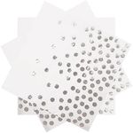 13 x 13 In White and Silver Paper Napkins for Wedding Reception,Disposable Silver Dot Beverage Napkins,50 Pack Silver Cocktail Napkins for Bridal Shower, Birthday Party Supplies