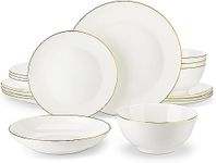 MALACASA Dinner Sets for 4, 16 Piece Fine Bone China Plates and Bowls Sets Round White and Gold Rim Dinnerware Sets with Dinner Plates/Bowls/Dessert Plate/Soup Plate, Series NORI