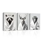 CXHOSTENT Funny Bathroom Wall Art Set of 3 Monkey Giraffe Raccoon Wearing Bathrobes Canvas Prints Black And White Animals Picture for Baby Room Decor (Bathroom-2, 12.00"x16.00"x3P)