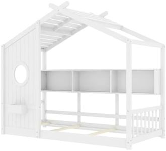 Twin Size Floor House Bed with Storage Shelf, Montessori Playhouse Bed