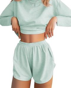 JUSTFASHIONNOW Lounge Sets for Women Short Pajamas Set 2 Piece Fall Outfits Stripe Sleepwear Long Sleeve Split Shorts Sets Casual Sweatsuit Holiday Loungewear Cute Pjs (Cyan, XX-Large)