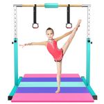 RINREA Gymnastics Bar for Kids, Gymnastic Kip Bar with Height Adjustable 3.1' to 5.1', Gymnasitcs Horizontal Training Bar for Kids Ages 3-15 with Rings and Foam Pad (Green with Mat)