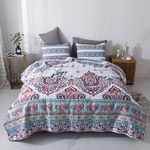 DaDa Bedding Bohemian Summertime Cozy Floral Bedspread Set - Paisley Beach Vibes Bright Vibrant Colorful Reversible Coverlet - Turquoise Blue Red Orange with White Background - Twin - 2-Pieces