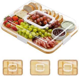 SpaceAid Charcuterie Board with Clear Lid, Portable Travel Cheese Cutting Boards for Picnic Accessories, Bamboo Serving Tray with Lids, House Warming Gifts, White Handles, 1 Compartments