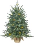 Pre-lit Christmas Tree 90cm/3ft, Artificial Xmas Tree with 215 PE & PVC Mixed Branch Tips & 80 LED String Lights & Burlap Wrapped Base for Tabletop Desk, Battery Operated