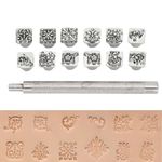 Leather Stamping Tools, 12Pcs Stamps Punch Set Metal Leather Punching Tools, Pattern Leather Craft Stamps with Handle, DIY Leather Craft Printing Tools