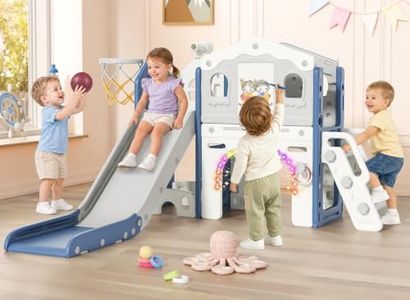 BIERUM 9 in 1 Toddler Slide Set - Baby Slide for Toddlers 1-3 with Colorful Lights, Drawing Board and Building Blocks Board, Indoor Outdoor Toddler Playset Playground, Blue Gray