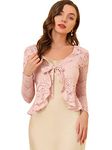 Allegra K Shrug Top for Women's Tie Front Ruffled Hem Floral Lace Sheer Crop Cardigan, Pink, Small