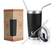 Stainless Steel Tumbler 20 Oz Black, Coffee Cup, Double Wall Tumbler Travel Mug w/Lid & Straws, keeps the Drinks Cold or Hot for Hours