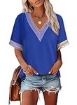 EVALESS Womens Short Sleeve Sexy Tops Lace Trim V Neck Chiffon Cute Blouses for Women Fashion 2024 Business Casual Outfits Going Out Tops Dressy Shirts Blue Large