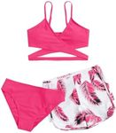 OYOANGLE Girl's 3 Piece Tropical Print Criss Cross Bikini Set Swimsuit Bathing Suit with Shorts Hot Pink 10 Years