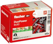 fischer DuoPower 6 x 30, Powerful Universal Plug with Intelligent 2-Component Technology for fastenings in Concrete, Bricks, Gypsum plasterboard, chipboard, etc., 100 Plugs Without Screws