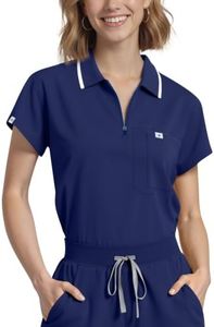 Eadflie Women's Scrub Tops - Cropped Zip-Front Polo Scrub Top - Medical Scrub Top with Chest Pocket, Pen Slot, Side Vents - (Navy Blue/2XL)