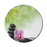 Lunarable Asian Mouse Pad for Computers, Basalt Stone and Orchid Flower with Dew Harmony Therapeutic Spa Theme Photo, Round Non-Slip Thick Rubber Modern Gaming Mousepad, 8" x 8", Black Green