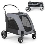 COSTWAY Pet Stroller, Folding Dog Pushchair Cat Buggy with Adjustable Handle, Safety Belt, Removable Pad, Storage Pocket, 4 Wheels Pet Travel Cart for Dogs Cats up to 60 kg (Grey)