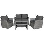 COSTWAY 4 Pieces Patio Rattan Furniture Set, Outdoor Wicker Sofa Set with Tempered Glass Coffee Table, Cushions, All Weather Rattan Conversation Set for Yard Balcony Backyard Pool, Grey