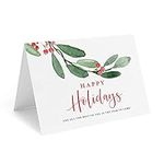 Bliss Collections Happy Holidays Christmas Greeting Cards with Envelopes (25 Pack), 102 x 152 mm Folded, Tented Holly Greenery Winter Foliage Design, Made in the UK