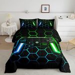 Gaming Comforter Sets for Boys Teen Game Contoller Bedding Set for Kids Twin,Glitter Gamepad Alternative Down Comforter for All Season Glitter Honeycomb Geometric Quilted Duvet Gamer Home Decor 2pcs