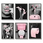 Luodroduo Fashion Wall Art Bathroom Decor Prints Set of 6 Pink Glam Glitter Tissue Canvas Posters Pictures Photos Bathroom Artwork Wall Black and White Modern Women Funny Bathroom (11"x14" UNFRAMED)