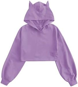 WDIRARA Girl's Cute Cat Ear Crop Tops Long Sleeve Causal Plain Hoodie Sweatshirt Shirt Solid 9Y