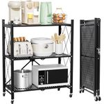 3-Tier Folding Storage Shelves with Wheels, Heavy Duty Foldable Shelving Units, Freestanding Metal Foldable Shelves for Kitchen, Living Room, Warehouse, Pantry, Black