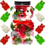 Purple Plum Gummy Bears Jar - Candy Gift-Ready Plastic Jar, Stuffed With Sweet Gummies Candy - 1 LB Gummie Candies In Bear Shaped Container With Stunning Red Bow - Assorted Gummy Candy, Candy Gift For All Occasions. (Holiday Themed)