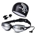 4 in 1 Swimming Kit | Goggles - Cap - Earplugs - Nose clip | Comfortable Adjustable Anti Fog UV Protected lenses | For Adults or Kids Men or Women | No Leaking | Swim Pool Sea Gift Pack | Black